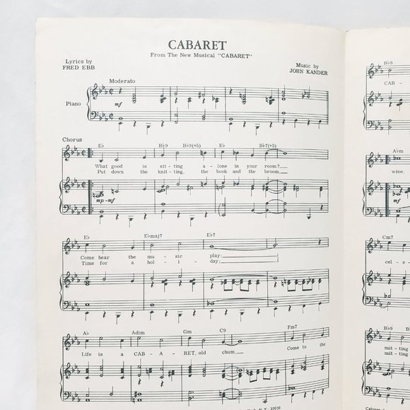 Cabaret Piano Sheet Music Harold Prince John Kander Fred Ebb Musical 1966 - Picture 3 of 5